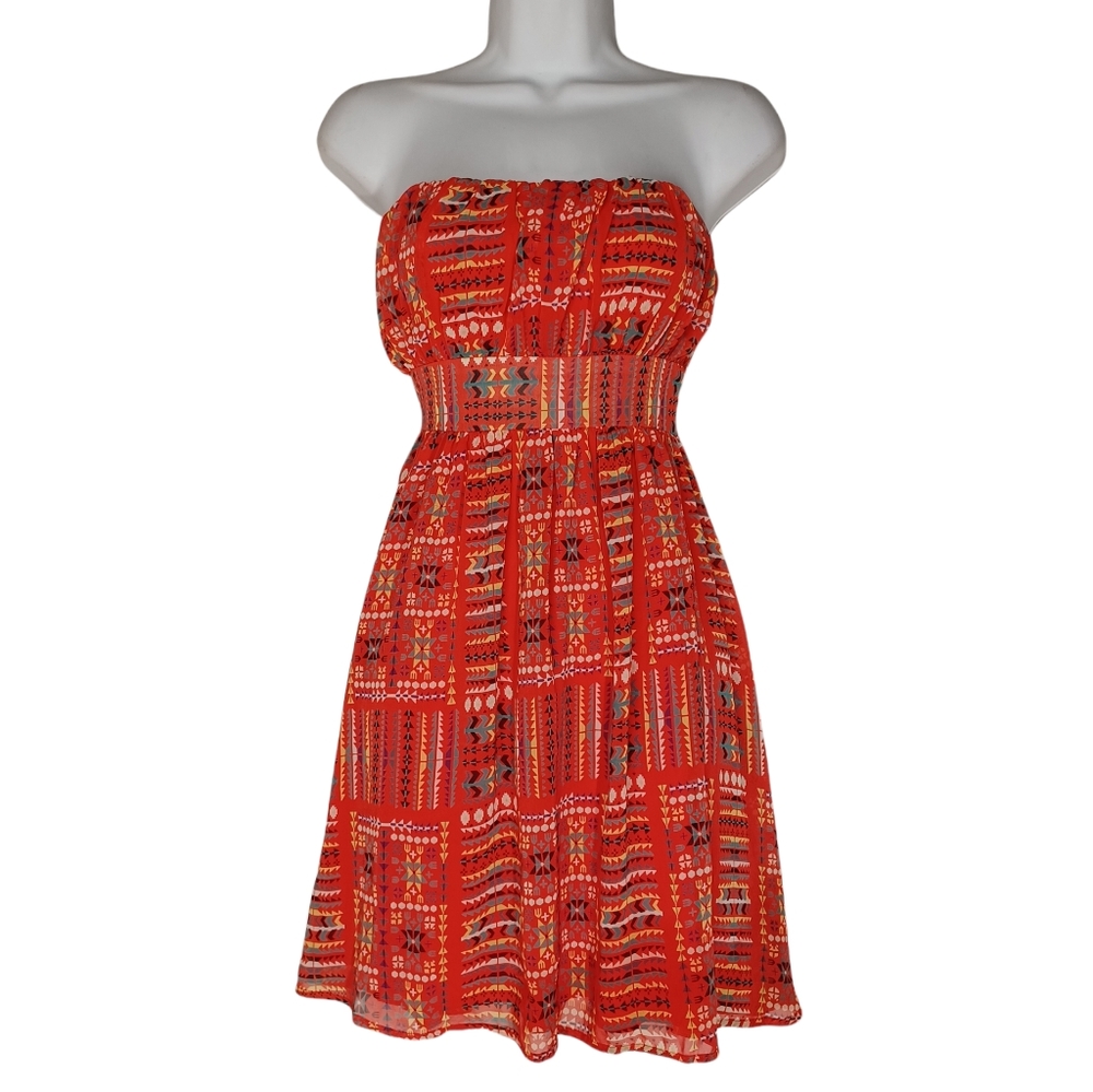 DAISY SHOPPE Silk Red Orange Colorful Geometric Print Strapless Back Tie Dress S